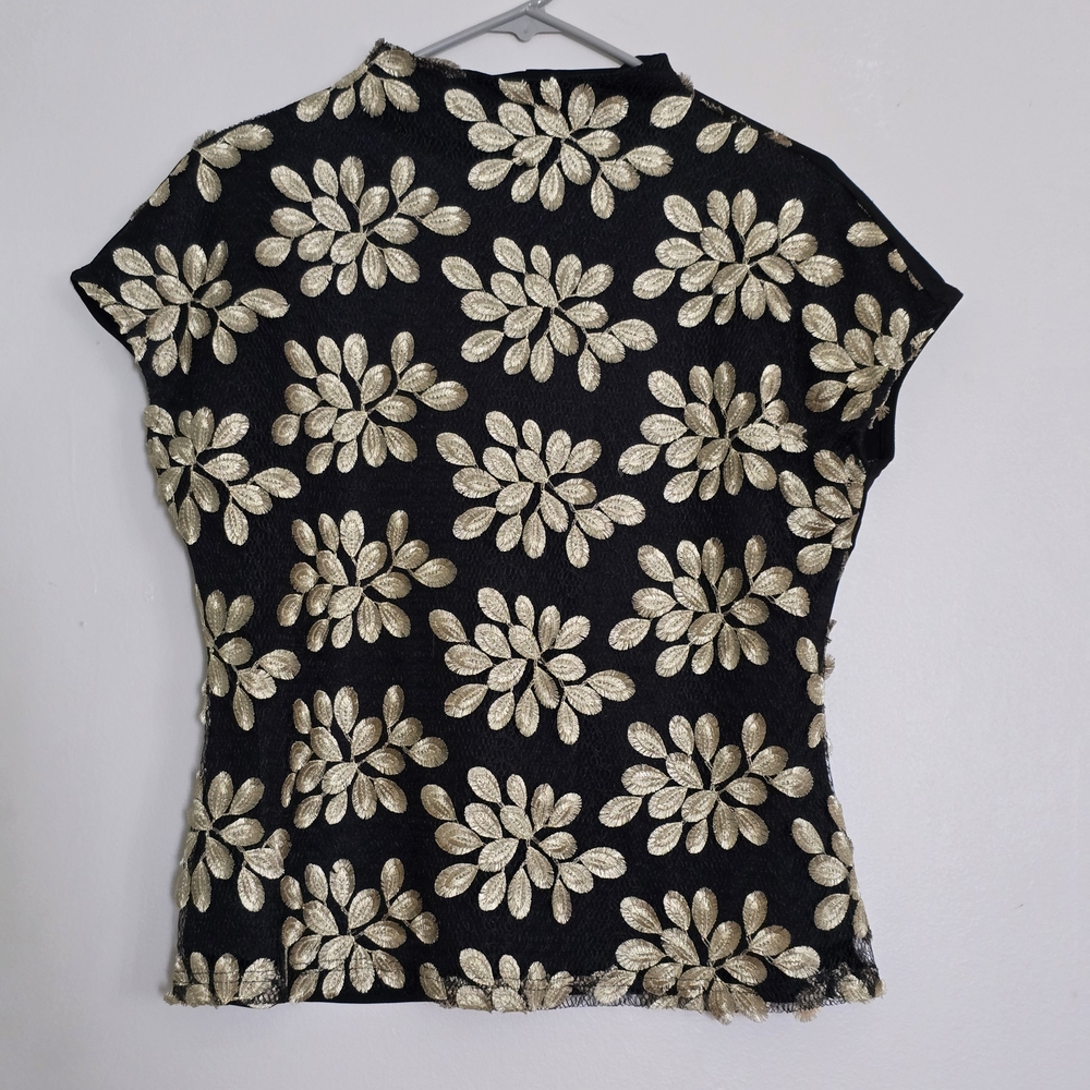 Black Top with Gold Floral Embroidery - Women's Elegant Short Sleeve Blouse